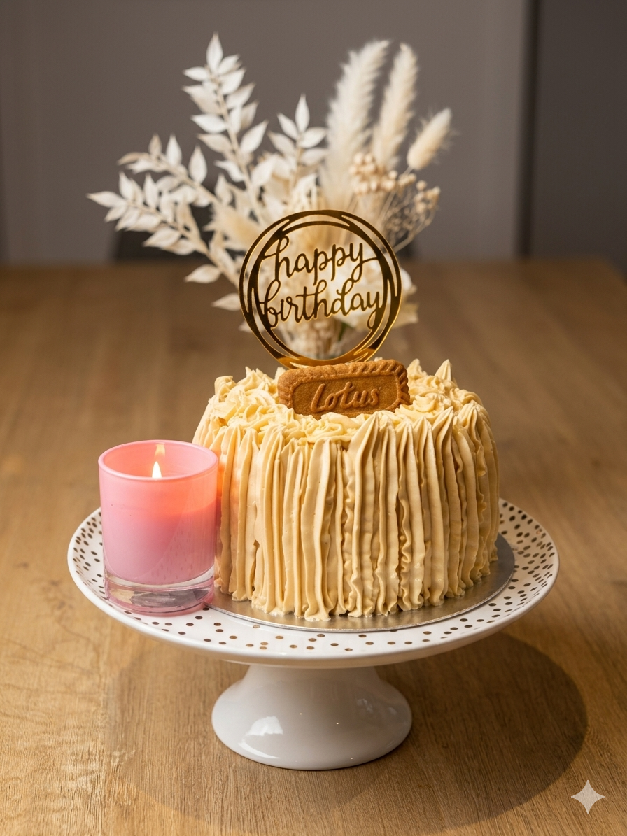 Signature eggless Lotus Biscoff cake with textured buttercream finish and gold happy birthday topper